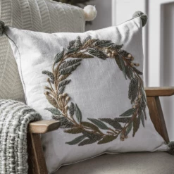 Funky Chunky Furniture Embroidered Wreath Pom Pom Cushion Outdoor